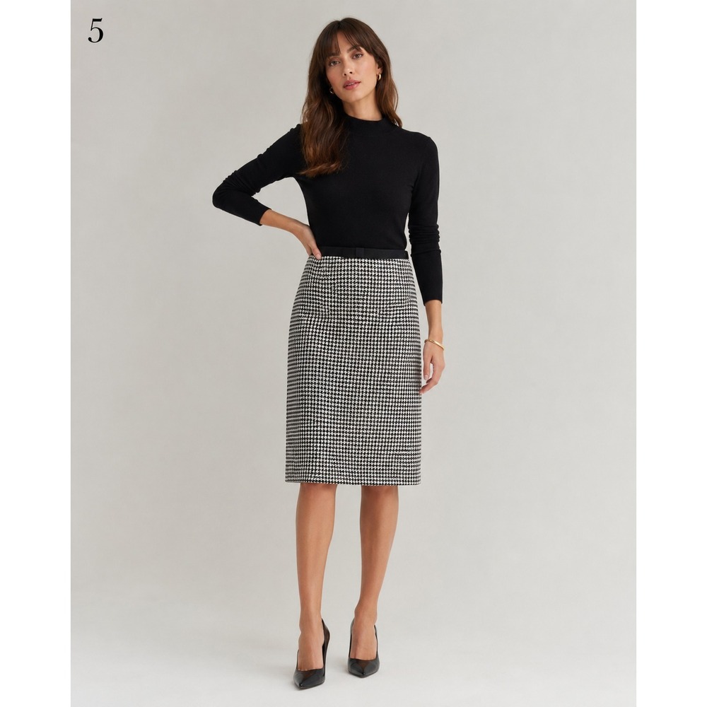 Ann Taylor Pencil Skirt Womens 0 Petite Black White Houndstooth Wool Blend Bow
